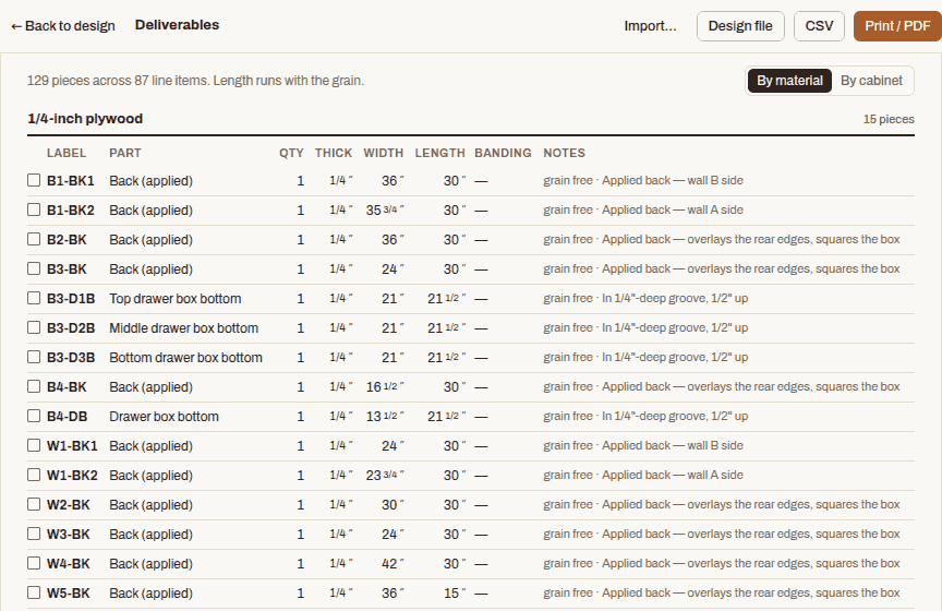 The cut sheet table in the app, grouped by material, with fraction dimensions per part