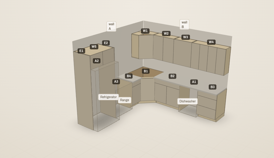 Labeled 3D view of an L-shaped ten-by-ten kitchen: wall cabinets W1–W5, base cabinets, tall pantry units, and appliance openings for a refrigerator, range, and dishwasher