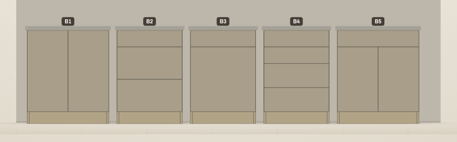 Five base cabinets in a row with different interiors: double doors, a three-drawer stack, drawer-over-door, a four-drawer stack, and a sink base with a false front