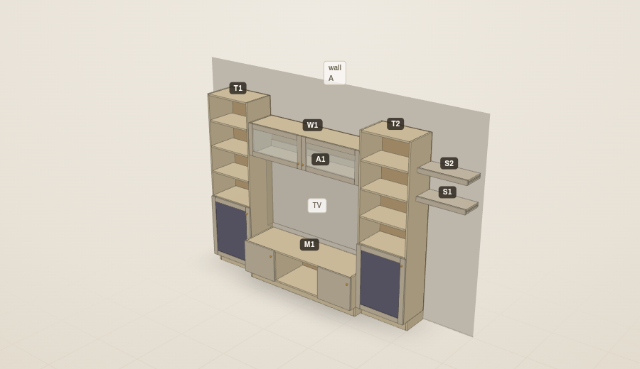 3D view of a 12-foot media wall: two shelf towers, a console below an open TV opening, a frosted-glass bridge cabinet above it, and floating shelves