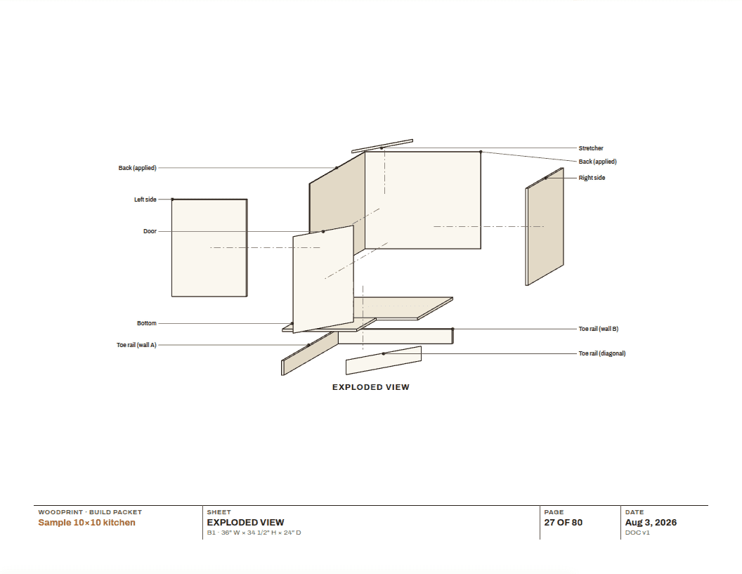 Exploded view of a cabinet with leader lines and the parts schedule