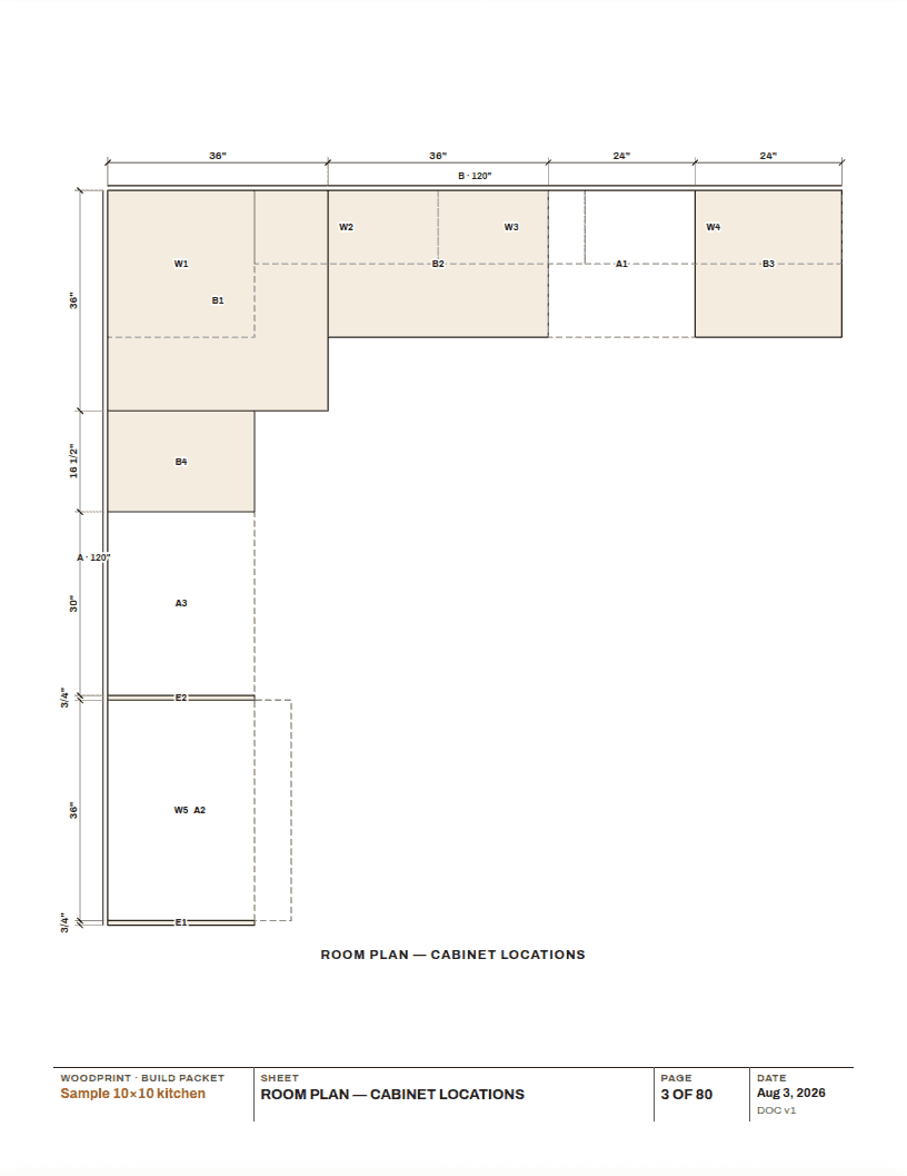 Location drawing: the room plan with every cabinet outlined and labeled by code