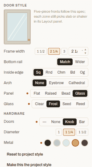 The door style panel in the app: a live door preview above controls for frame width, bottom rail, inside edge profile, arch, panel type, glass texture, and hardware